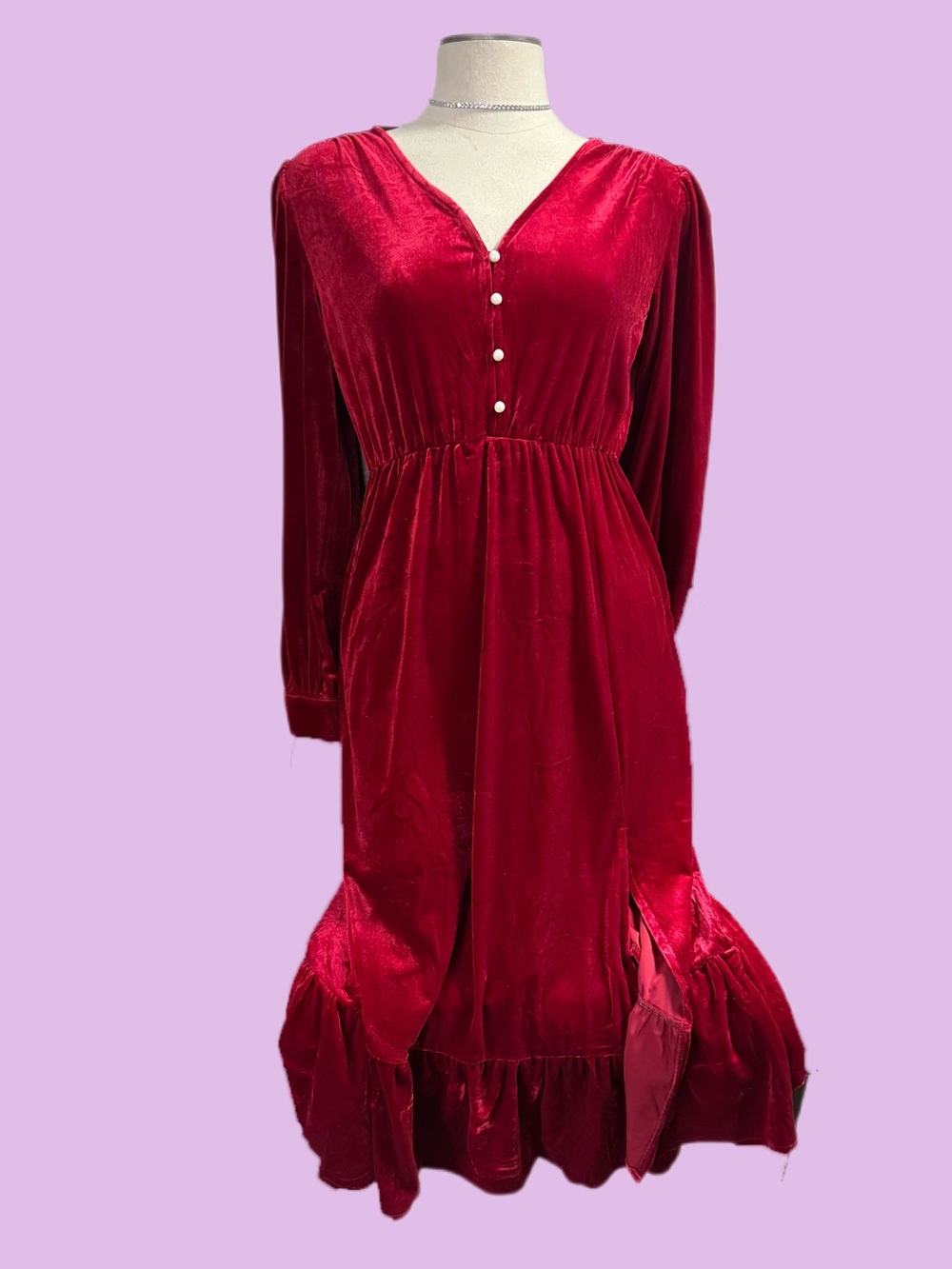 Deep Red Velvet V-Neck Button Midi Dress